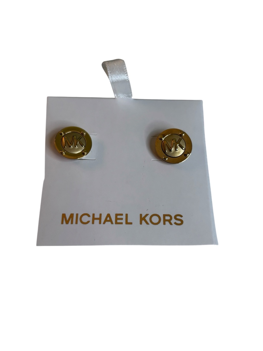 Michael Kors Polished Gold Tone Logo Button Studs.